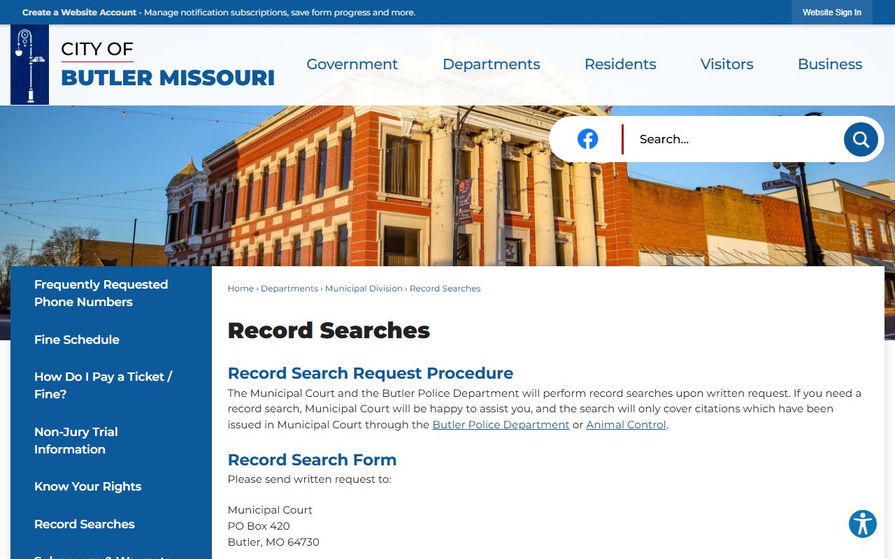 Butler Municipal Court record search page for Bates County docket research