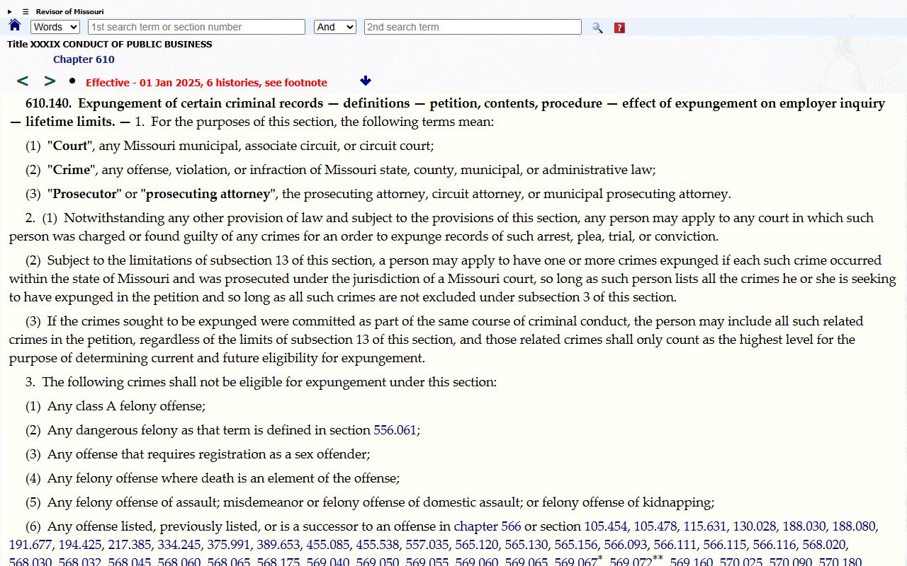 Missouri expungement statute source for Bates County docket visibility limits