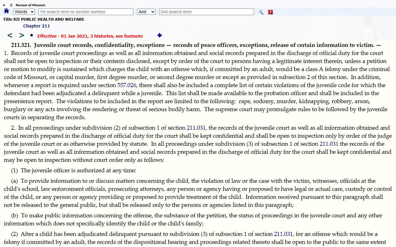 Missouri juvenile court records confidentiality statute for Bates County docket access
