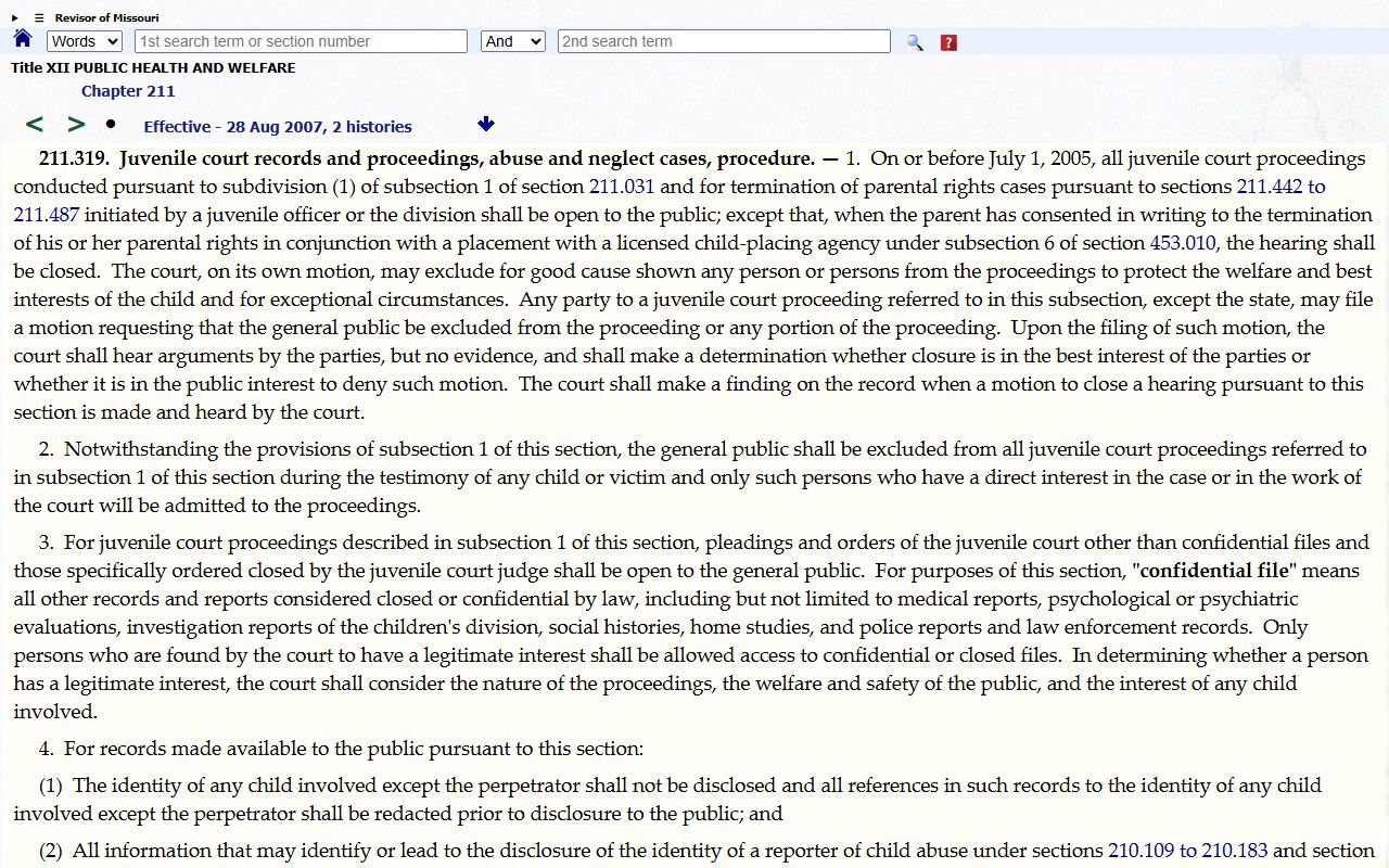 Missouri juvenile proceeding access statute for Bates County docket limits