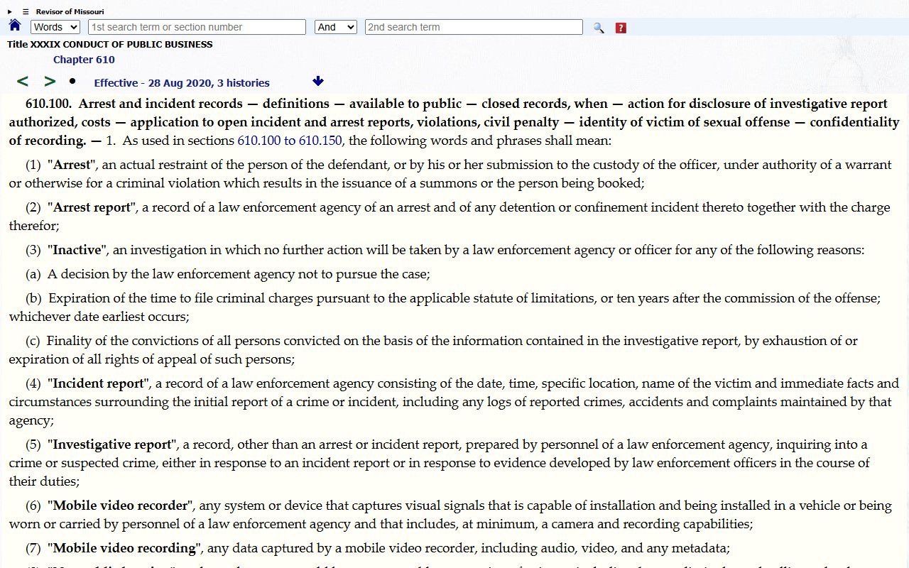 Missouri law enforcement records access statute for Bates County arrest and incident records