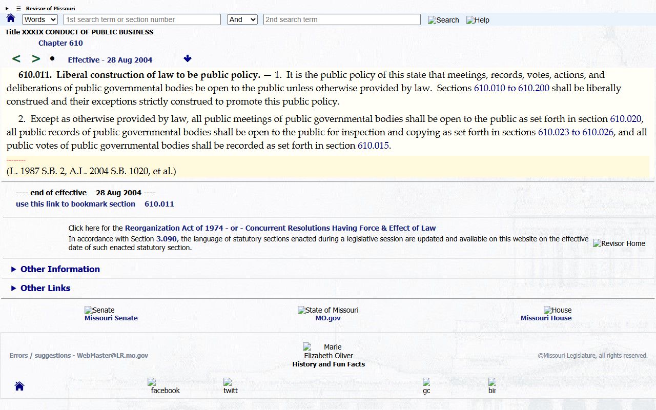 Missouri Sunshine Law openness policy source for Bates County court records