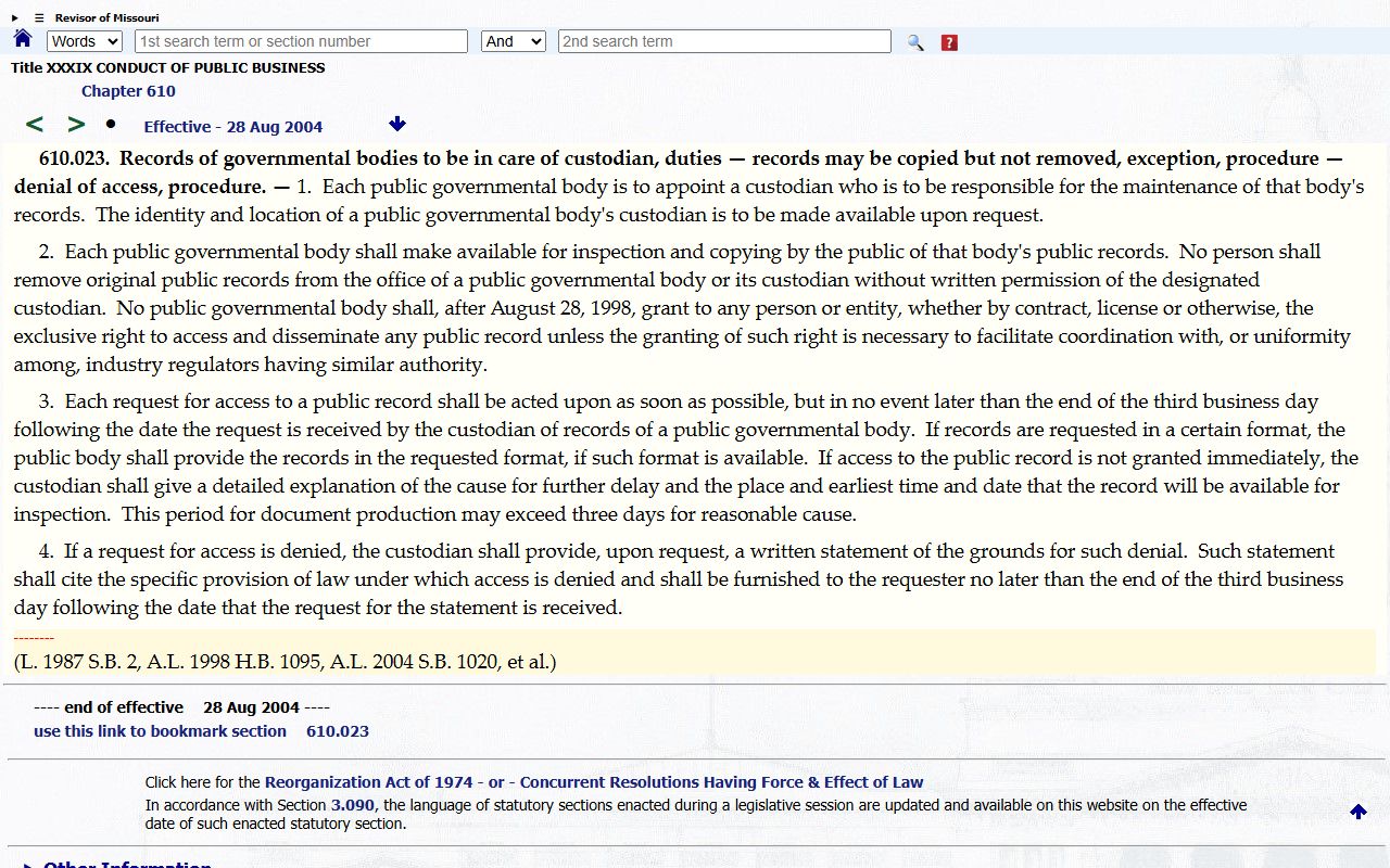 Missouri custodian response statute for Bates County records requests