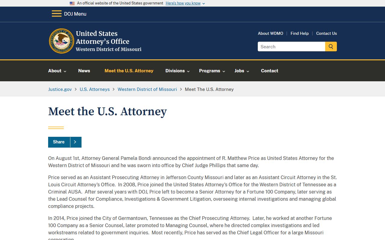 U.S. Attorney leadership page for Western District Missouri criminal records distinction