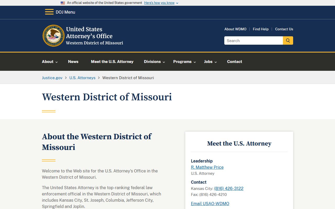 U.S. Attorney Western District of Missouri page for federal criminal case distinction
