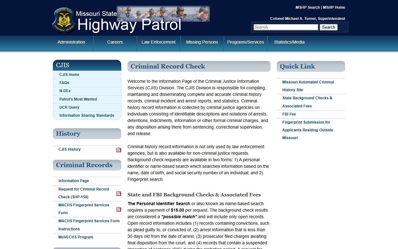 Missouri State Highway Patrol criminal record check page for Bates County criminal history searches