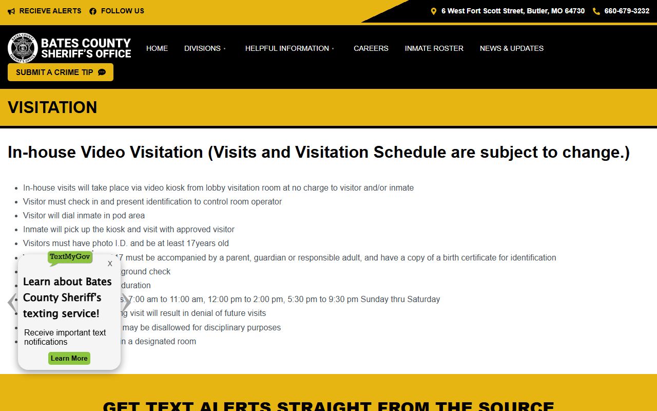 Bates County inmate records jail visitation rules