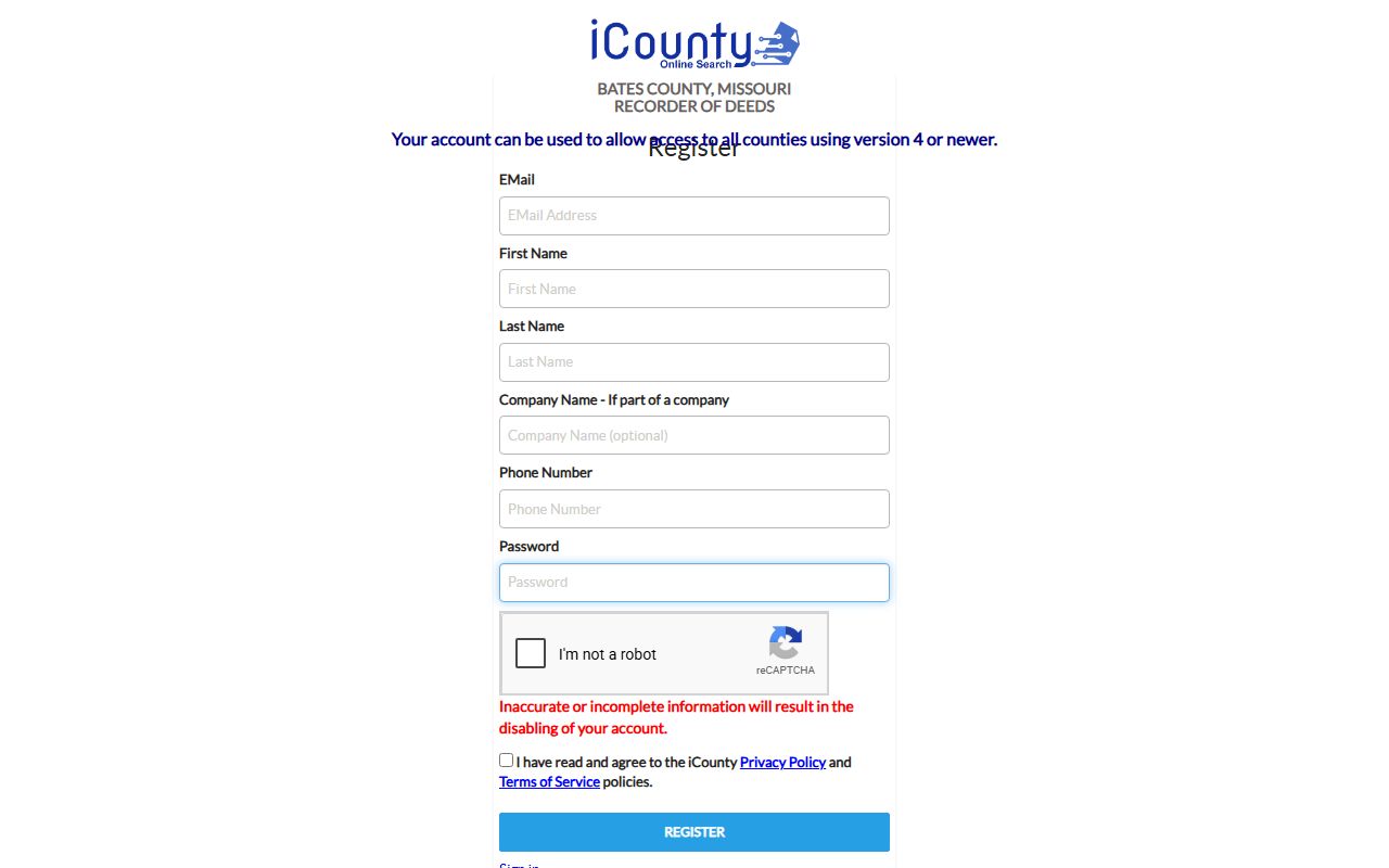 Bates County marriage records iCounty registration page