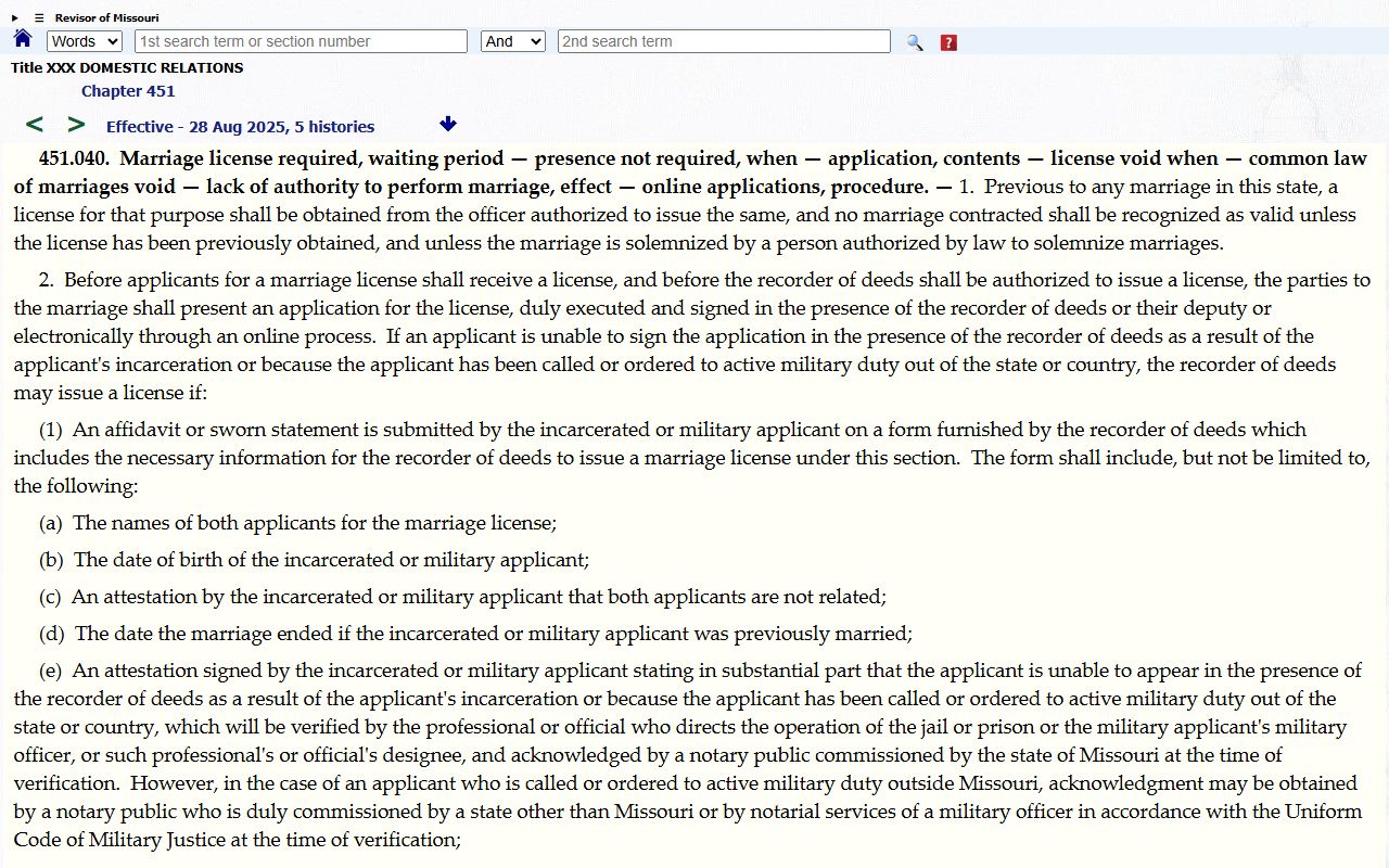 Bates County marriage records Missouri marriage license statute