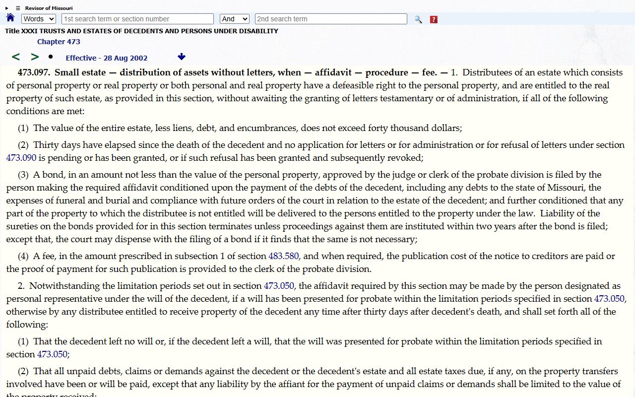 Bates County probate records Missouri small estate affidavit statute