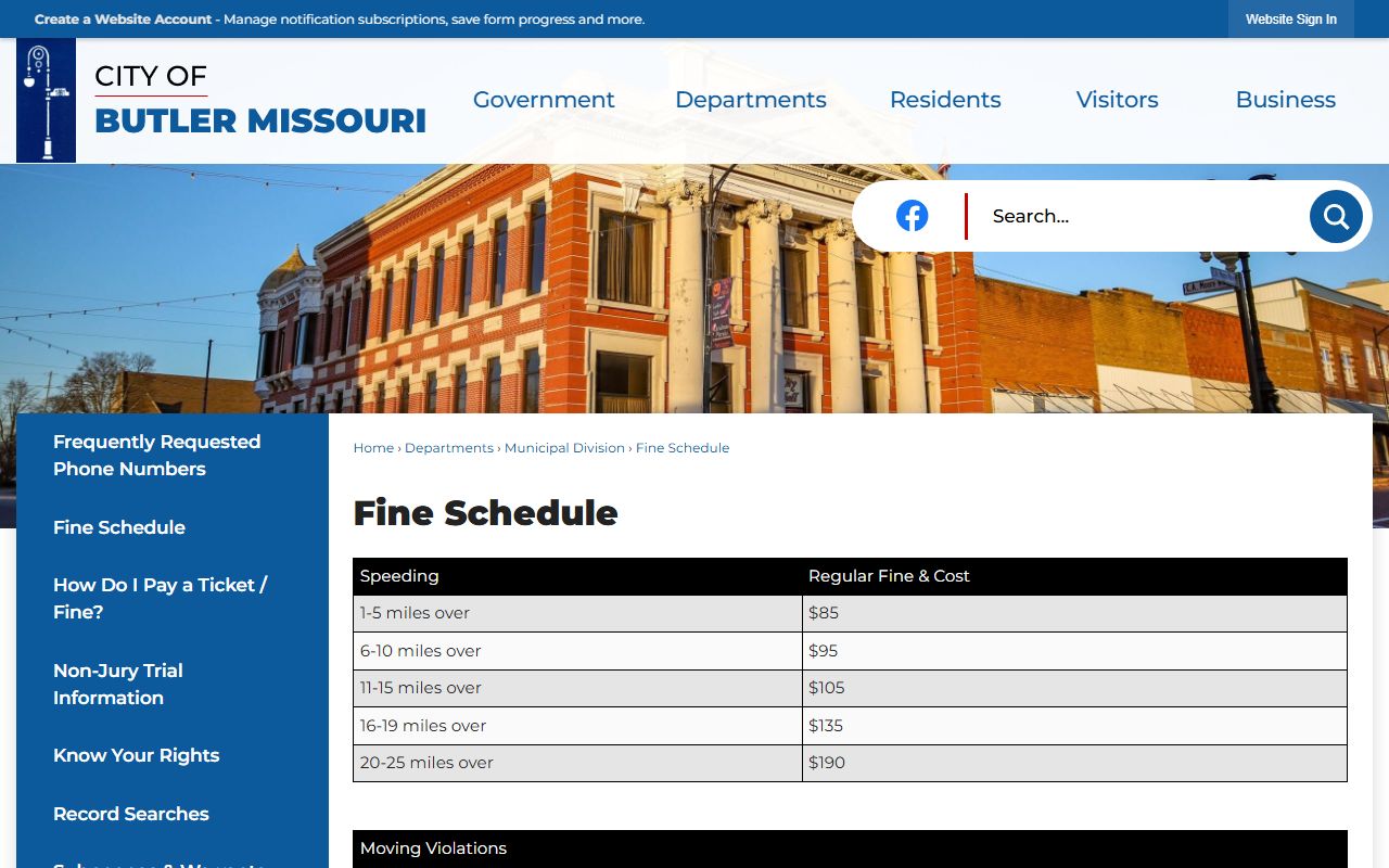 Bates County traffic court records Butler fine schedule
