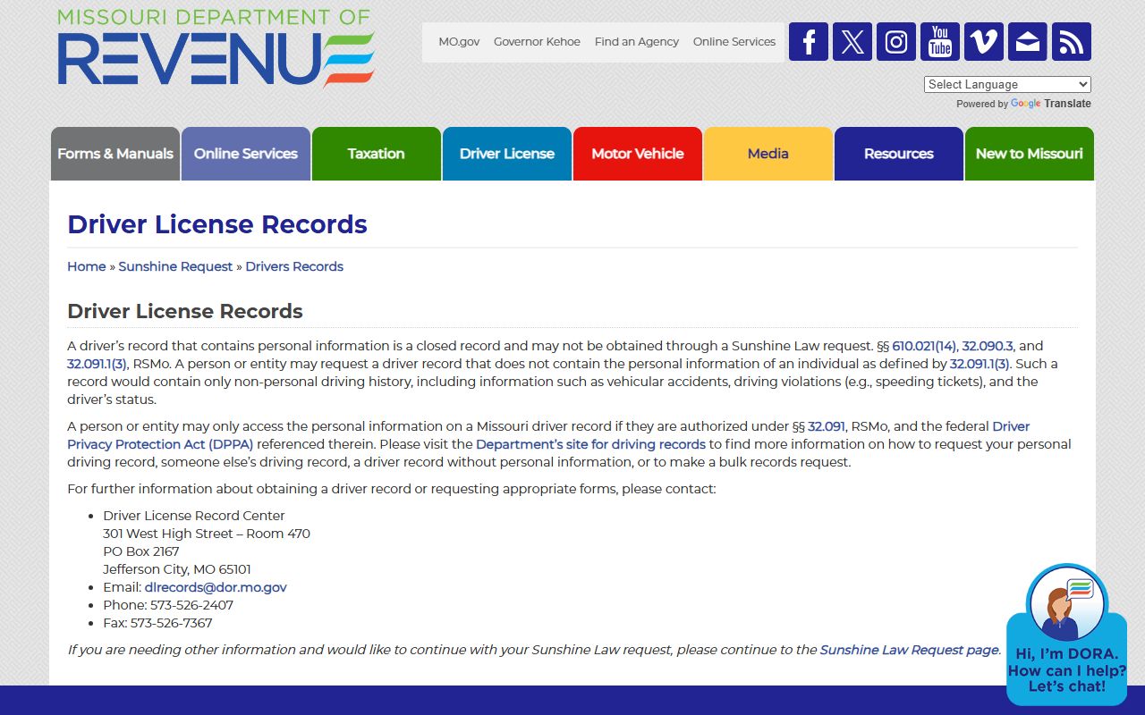 Bates County traffic court records Missouri DOR driver record privacy page
