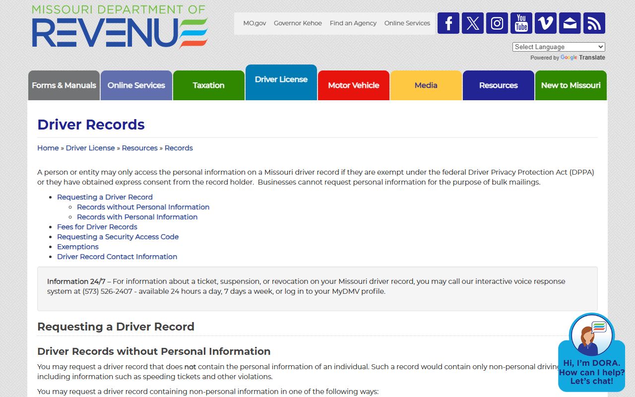 Bates County traffic court records Missouri DOR driver record request page