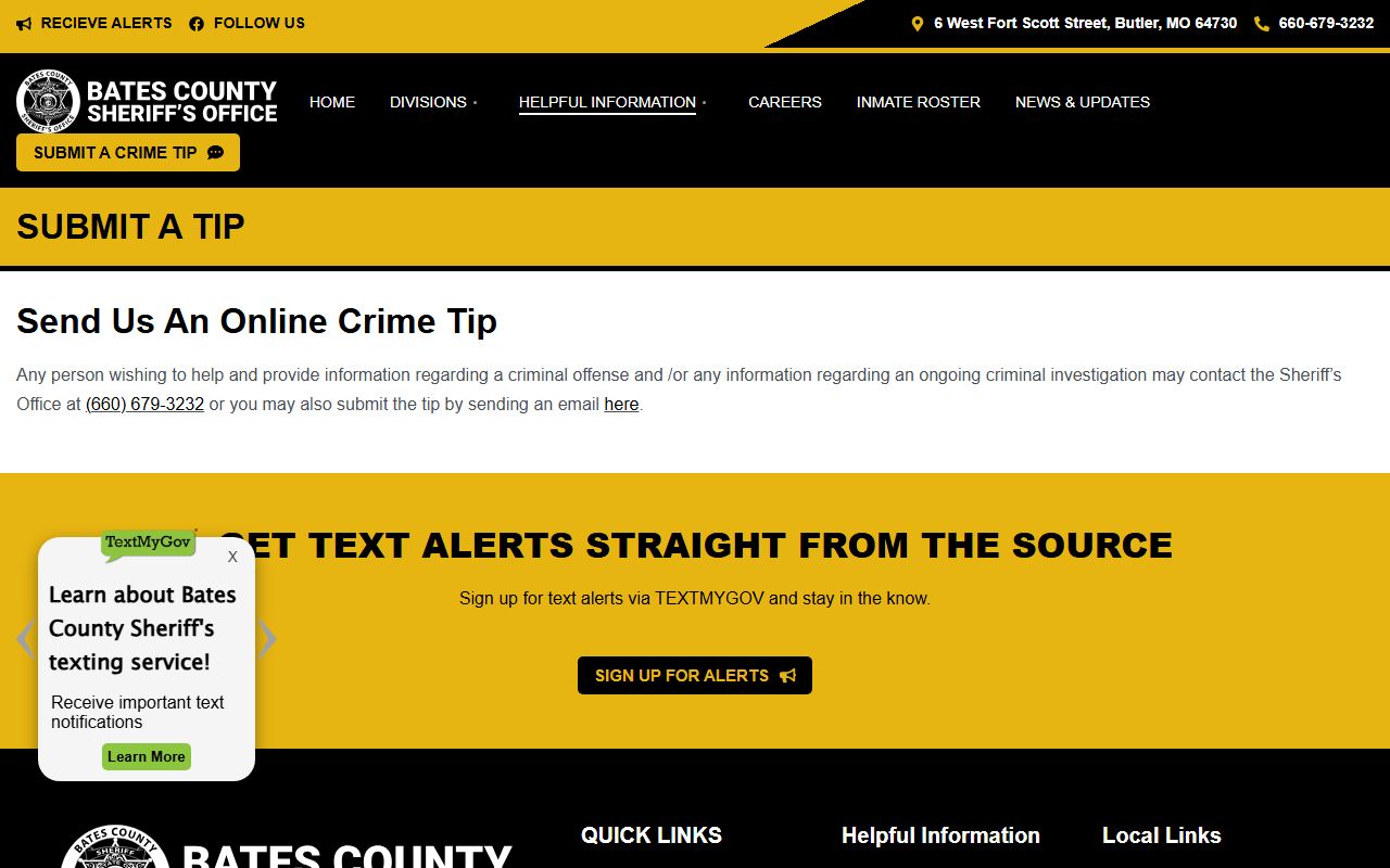 Bates County warrant search sheriff tip page
