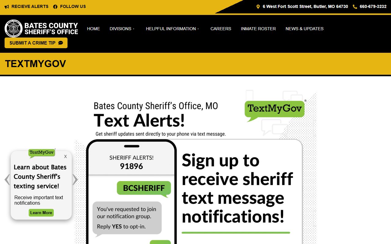 Bates County warrant search TextMyGov alerts